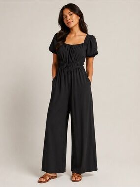 Dazy Black Puff Sleeve Wide Leg Jumpsuit | Size Medium